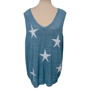 Macaron Blue Star Pattern Knit V-Neck Sweater Size M Celestial Softgirl Whimsy‎
